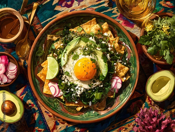 Fototapeta Colorful Chilaquiles with Fried Egg, Avocado, and Radish Toppings