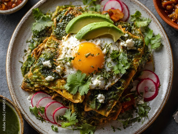 Fototapeta Chilaquiles with Fried Egg Topped with Avocado on Plate