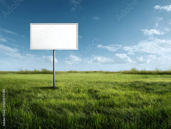 Fototapeta A blank billboard stands in a vast, green field under a bright blue sky with fluffy white clouds, ready for any message or advertisement
