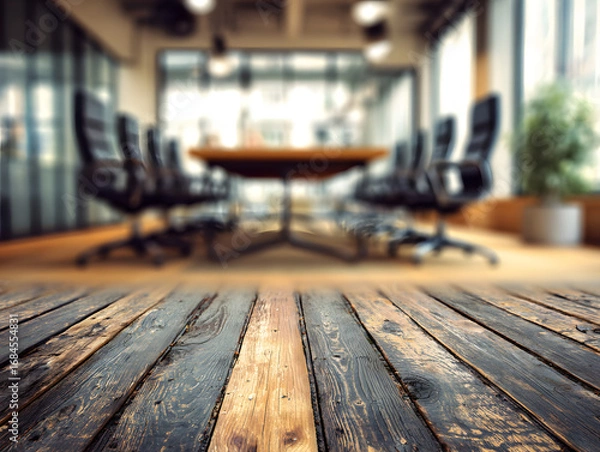 Fototapeta Blurry modern office meeting room with polished wooden floor in foreground, professional business environment for discussion and strategy
