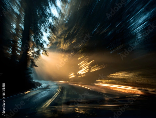 Fototapeta Abstract Road with Golden Light Effect and Blurred Motion in Dark Forest