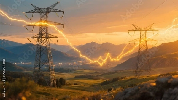 Obraz 황금빛노을과송전탑풍경