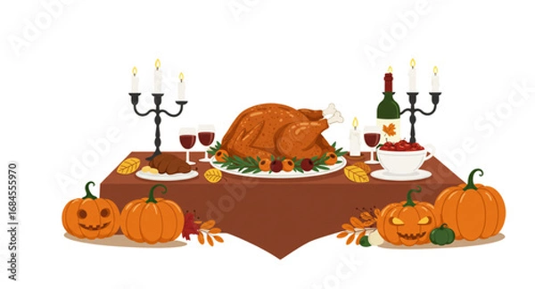 Obraz Dinner table with roasted turkey, candles, and pumpkin
