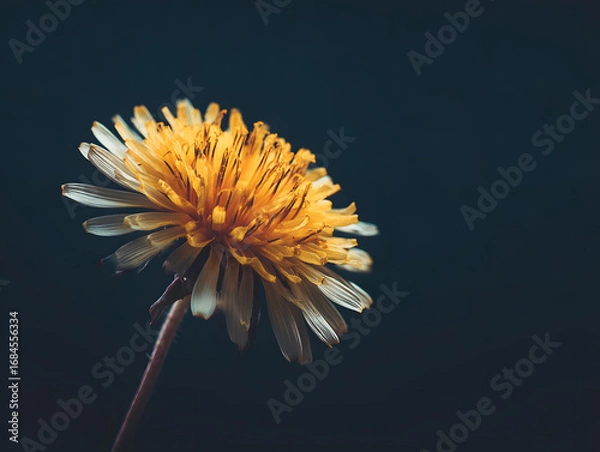 Fototapeta Close-up Macro Photograph of a Vibrant Yellow Dandelion Flower Blooming Against a Dark, Moody Background with Soft Lighting