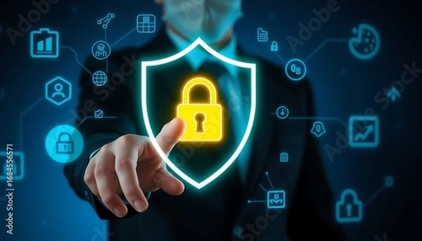 Fototapeta Person in mask and suit points to digital security shield with lock icon cybersecurity data protection