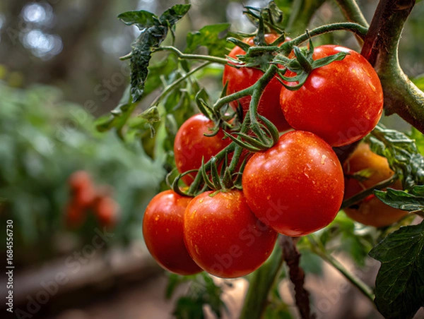 Fototapeta Ripening red tomatoes on the vine, a vibrant close-up showcasing the natural beauty and bounty of a home garden, perfect for culinary inspiration and healthy living