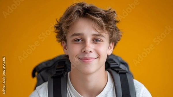 Fototapeta A young man with a backpack is smiling at the camera