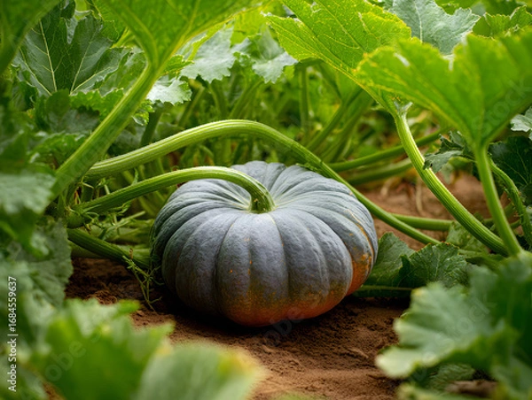Fototapeta A large, unripe pumpkin sits in the center of the frame, surrounded by green foliage and vines in a field on a sunny day