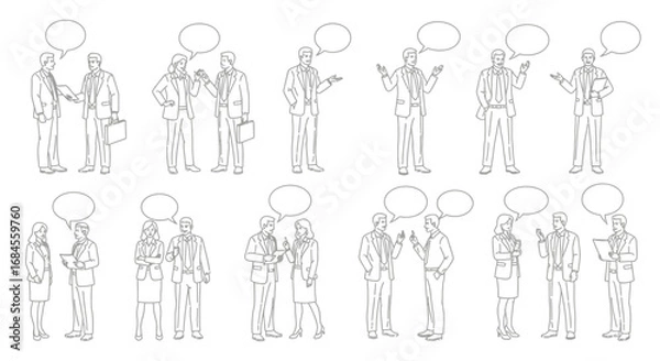Fototapeta Line art drawing of business professionals in discussions with blank speech bubbles offering