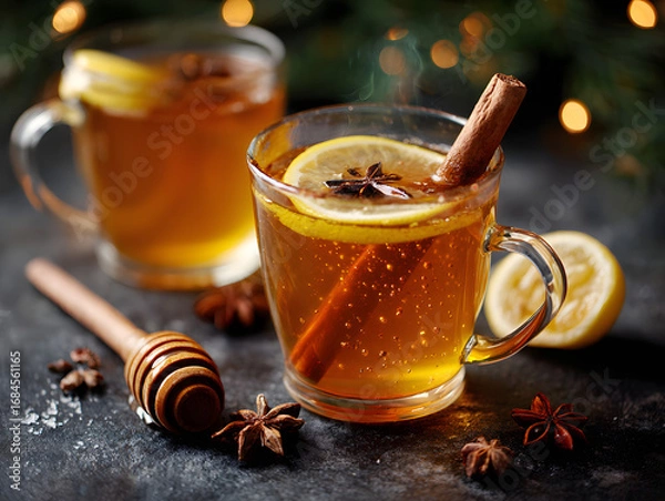 Fototapeta Warm and inviting hot toddy with cinnamon stick, star anise, and fresh lemon slices, garnished with honey dipper, perfect for cold weather comfort