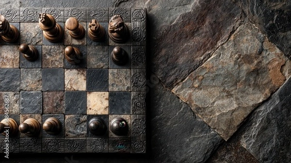 Fototapeta High angle, close up view of a chessboard with dark colored pieces arranged on a mottled stone surface. The image has a dark and moody atmosphere.