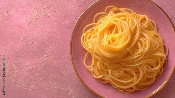 Fototapeta A plate of spaghetti with a buttery sauce sits on a pink glittering background. The lighting is bright and overhead.