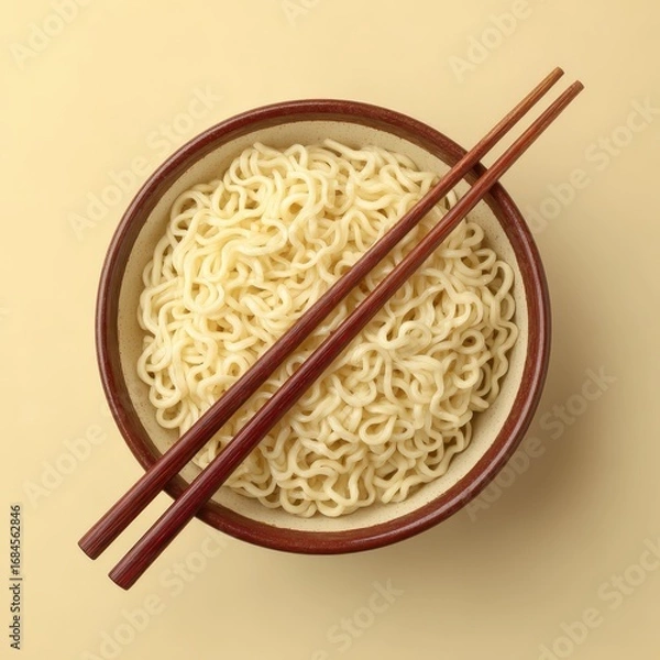 Fototapeta Top view of a bowl of cooked noodles with chopsticks on a beige background.