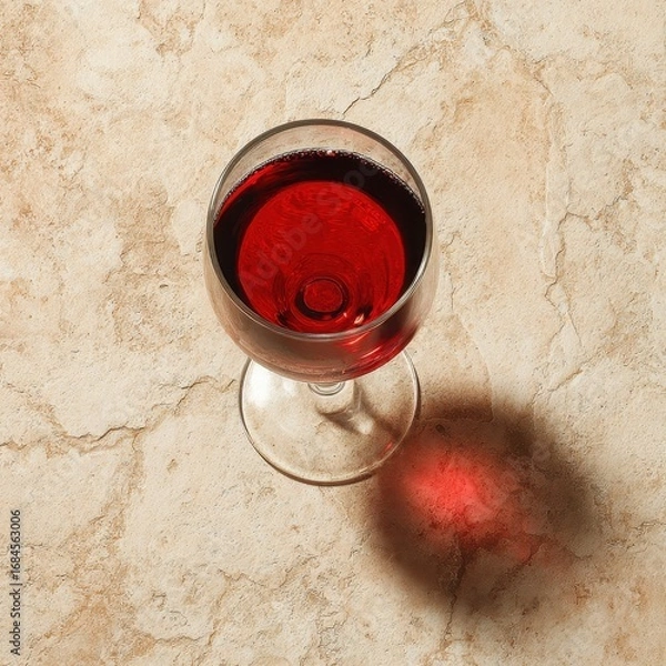 Fototapeta A glass of red wine sits on a light beige textured surface, viewed from directly above. The wine casts a subtle shadow.