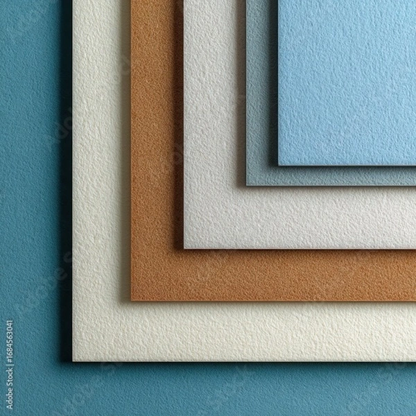 Fototapeta Close up view of five textured squares in varying shades of blue, brown, and off white, arranged in an overlapping pattern.