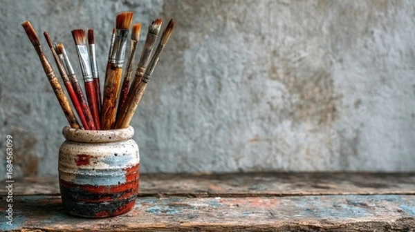 Fototapeta Close up of paint covered brushes in a ceramic jar on a rustic wooden table against a textured background.