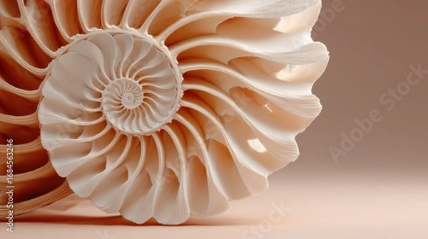 Fototapeta Close up of a beige ammonite fossil shell with intricate spiral pattern against a neutral background.