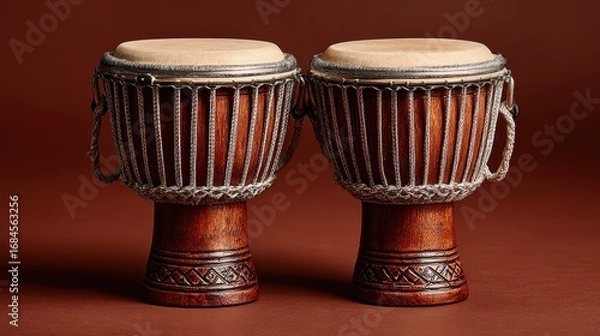 Fototapeta Two djembe drums with intricate carvings, showcased against a rich brown backdrop. The drums feature light beige drumheads and metallic detailing.