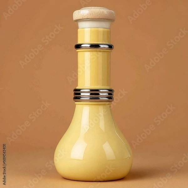 Fototapeta Studio shot of a pale yellow ceramic vase with a bulbous base and metallic rings, against a muted brown background.