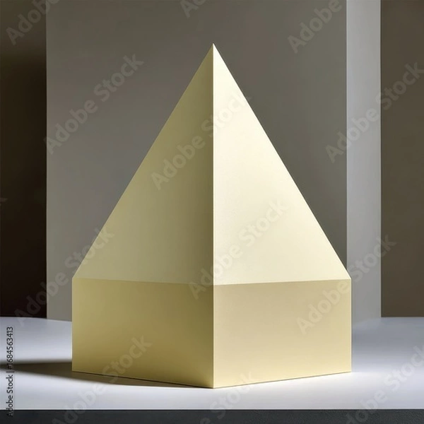 Fototapeta A pale yellow pyramid sits on a white surface against a neutral background. The pyramid is composed of a square base and four triangular sides.