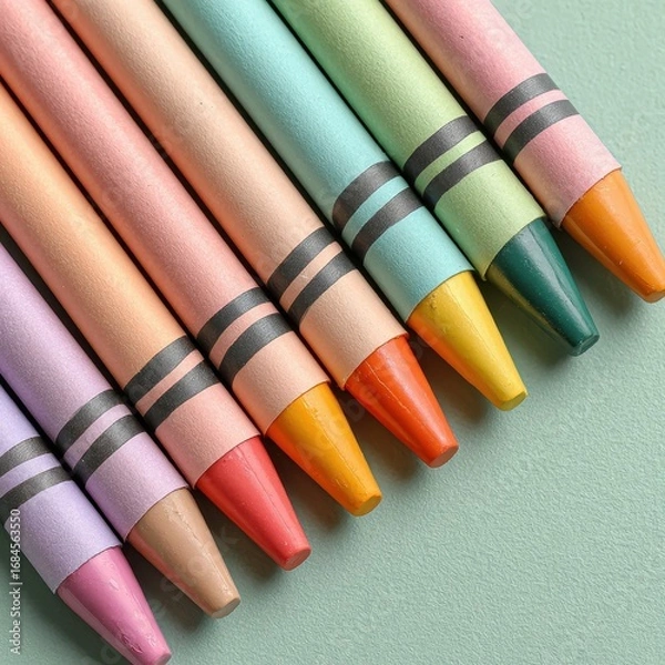 Fototapeta Close up of colorful pastel crayons arranged on a teal surface. 