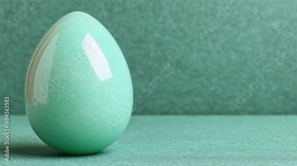 Fototapeta Single, light teal egg covered in glitter sits on a matching textured surface. 