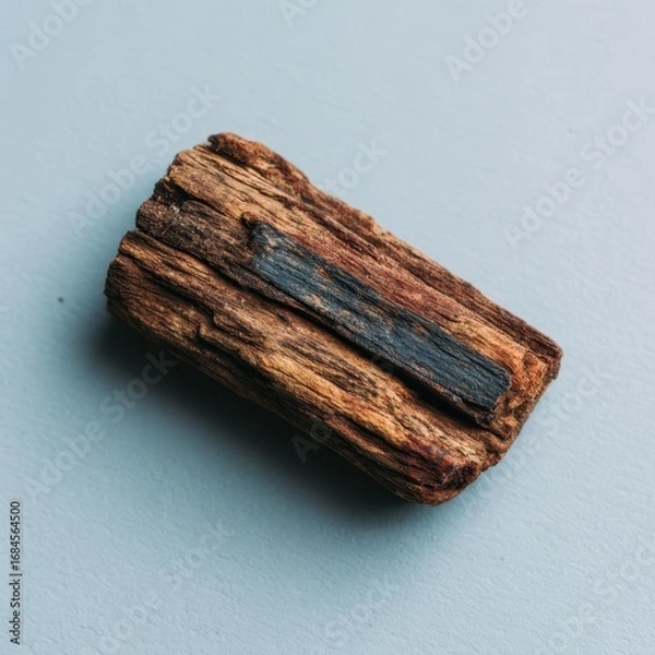 Fototapeta Dark brown and gray petrified wood specimen on a light blue background. Close up view, showing texture and detail.