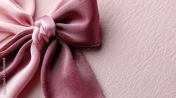Fototapeta Close up of a pink and burgundy fabric bow on a textured pink background. Soft lighting and subtle shadows create a delicate mood.