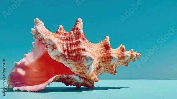 Fototapeta Pink and orange seashell on a light teal background. Studio shot.