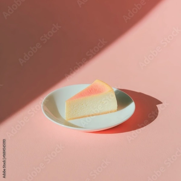 Fototapeta A slice of light pink cake on a small white plate against a pale pink background, illuminated by a diagonal shaft of sunlight.