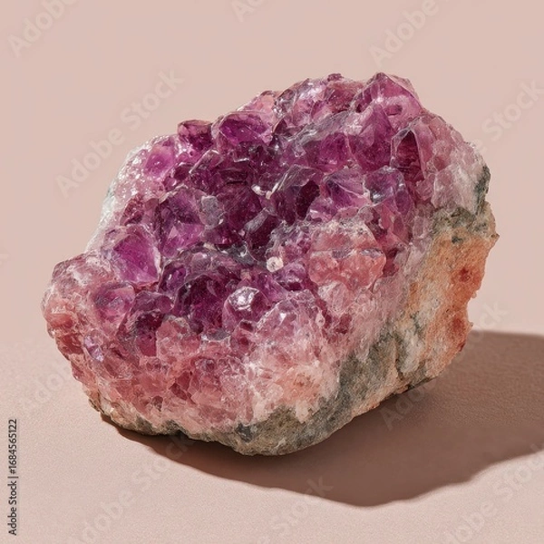 Fototapeta Close up view of a pink crystal cluster on a pale pink background. The crystal shows various shades of pink and sparkles. 