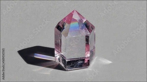 Fototapeta A pink crystal point with iridescent rainbow reflections sits on a gray textured background, casting a subtle shadow.