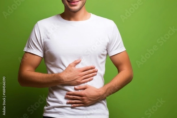 Fototapeta Contentment nutritious food and individuals idea joyful man with his hand on his stomach against a green backdrop