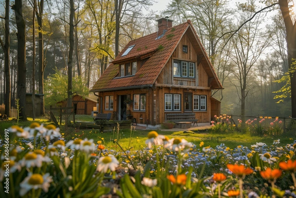Fototapeta Rustic wooden countryside house surrounded by wildflowers, green meadow, sunlight through trees, peaceful and natural scenery.