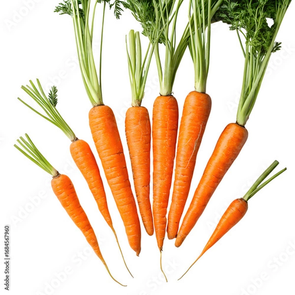 Fototapeta Fresh carrots with green tops isolated on transparent background, showcasing their vibrant orange color and natural shape, perfect for healthy eating and cooking