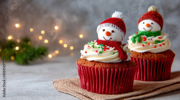 Fototapeta Two festive Christmas cupcakes, each topped with a snowman figure, white frosting, and colorful sprinkles, sit on a burlap mat against a bokeh light background
