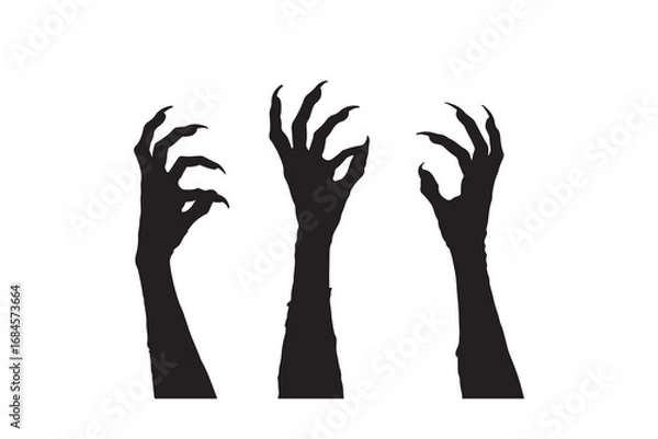 Fototapeta Three spooky black silhouette monster hands with sharp claws reaching up isolated on white background