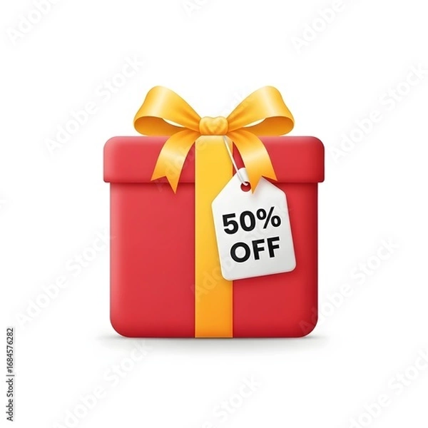 Fototapeta Vibrant red gift box adorned with a shimmering golden yellow ribbon and a prominent '50% OFF' tag, symbolizing special promotions, festive discounts, and exciting shopping opportunities for customers