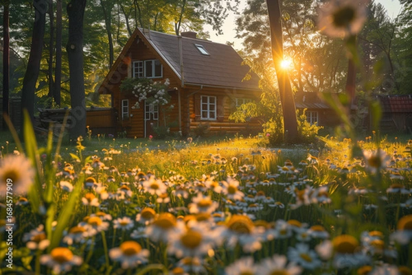Fototapeta Charming rustic wooden house in lush meadow, surrounded by wildflowers, trees, and warm natural sunlight.