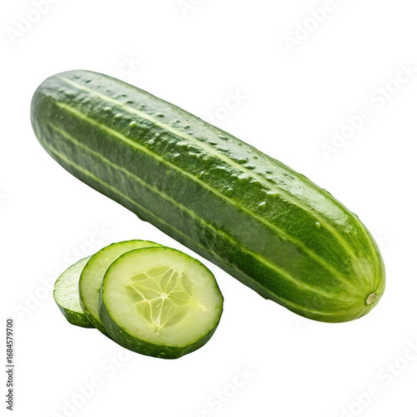 Fototapeta A whole cucumber and two slices of cucumber isolated on a transparent background, showcasing its fresh green texture and internal seeds
