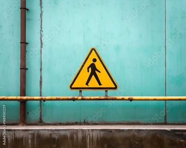 Fototapeta Yellow pedestrian crossing warning sign on a teal wall