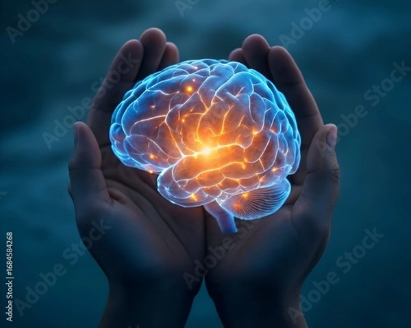 Fototapeta Hands cradling a glowing blue brain with orange light