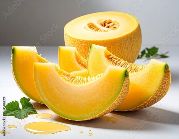 Fototapeta Fresh cantaloupe slices, vibrant yellow hues, displayed against a bright background, showcasing a juicy and succulent summer fruit.