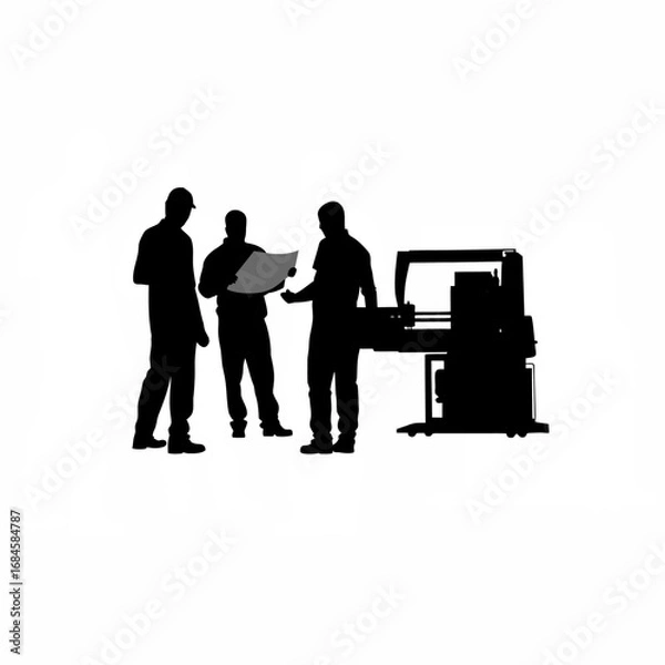 Fototapeta Operator inspecting blueprint near cnc machine silhouette