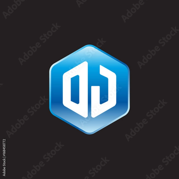 Fototapeta Initial letter DJ, modern glossy hexagon logo, gradient blue color on black background	
 
