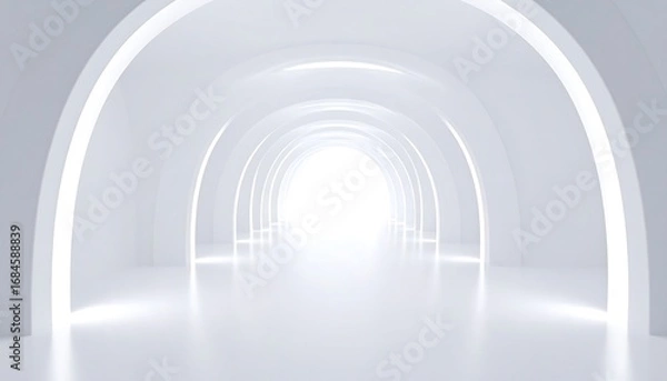 Fototapeta A pristine, modern archway tunnel leads to a brilliant, bright light source, showcasing clean lines and a minimalist design.