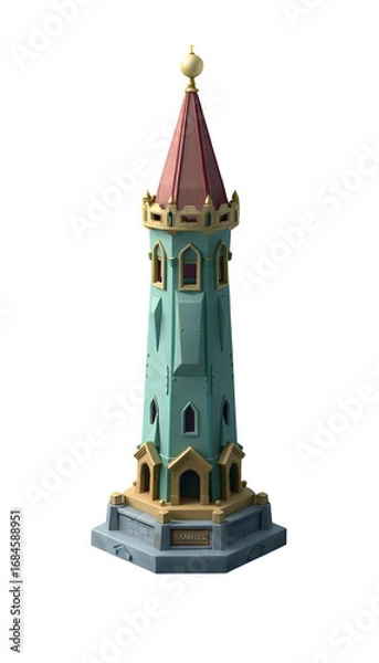 Obraz Stylized Tower Illustration Turquoise Red and Gold Architecture