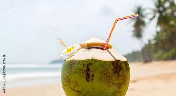 Obraz Coconut Drink with Straw and Flower on Beach