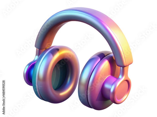 Fototapeta Holographic headphones with iridescent gradient design for music production and audio listening 3d illustration isolated on transparent background