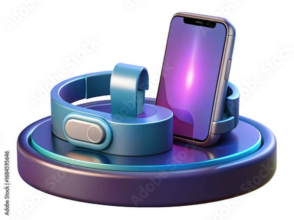 Fototapeta Smartphone on a charging stand with a modern blue aesthetic design and purple screen3d illustration isolated on transparent background
